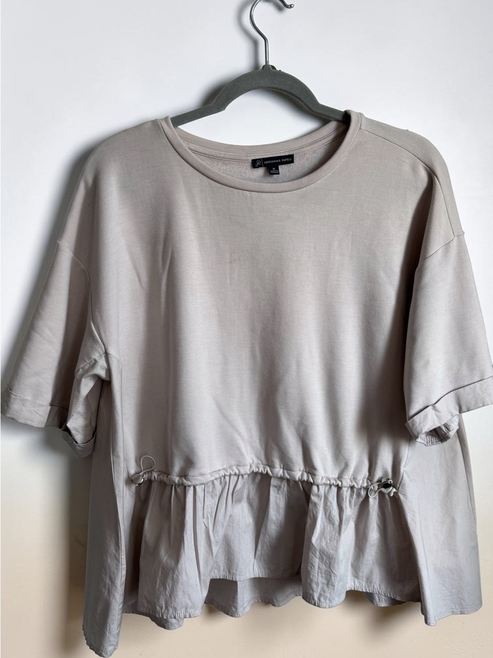 Adrienna Papell  Taupe Drawstring Peplum Short Sleeve Top
